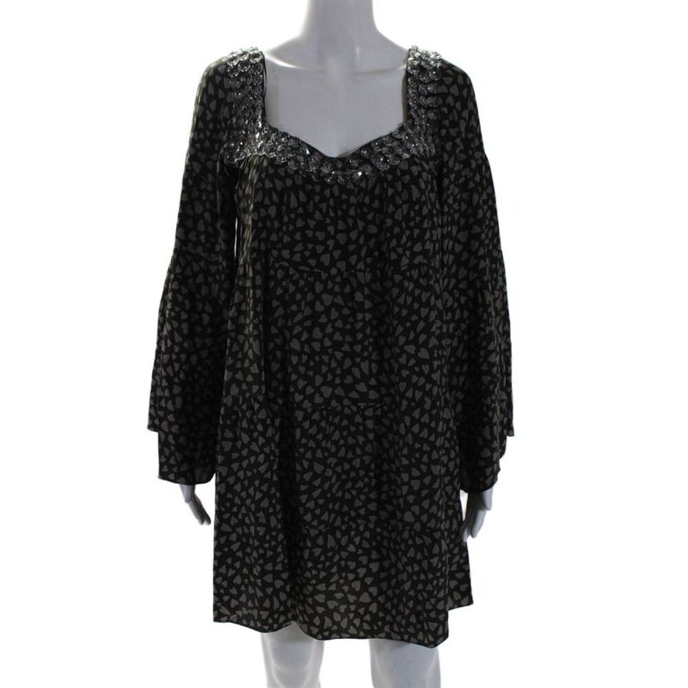 Daslu Womens Heart Print Beaded Scoop Neck Long Sleeve Mini Dress Green Size 38